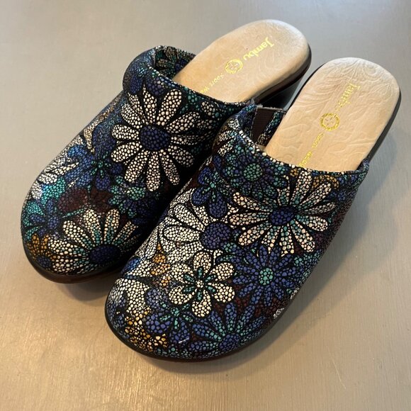 Jambu Shoes - SIZE 6 Jambu Dali Sport Wedge Clog Mules Shoes Leather Blue Daisy Floral